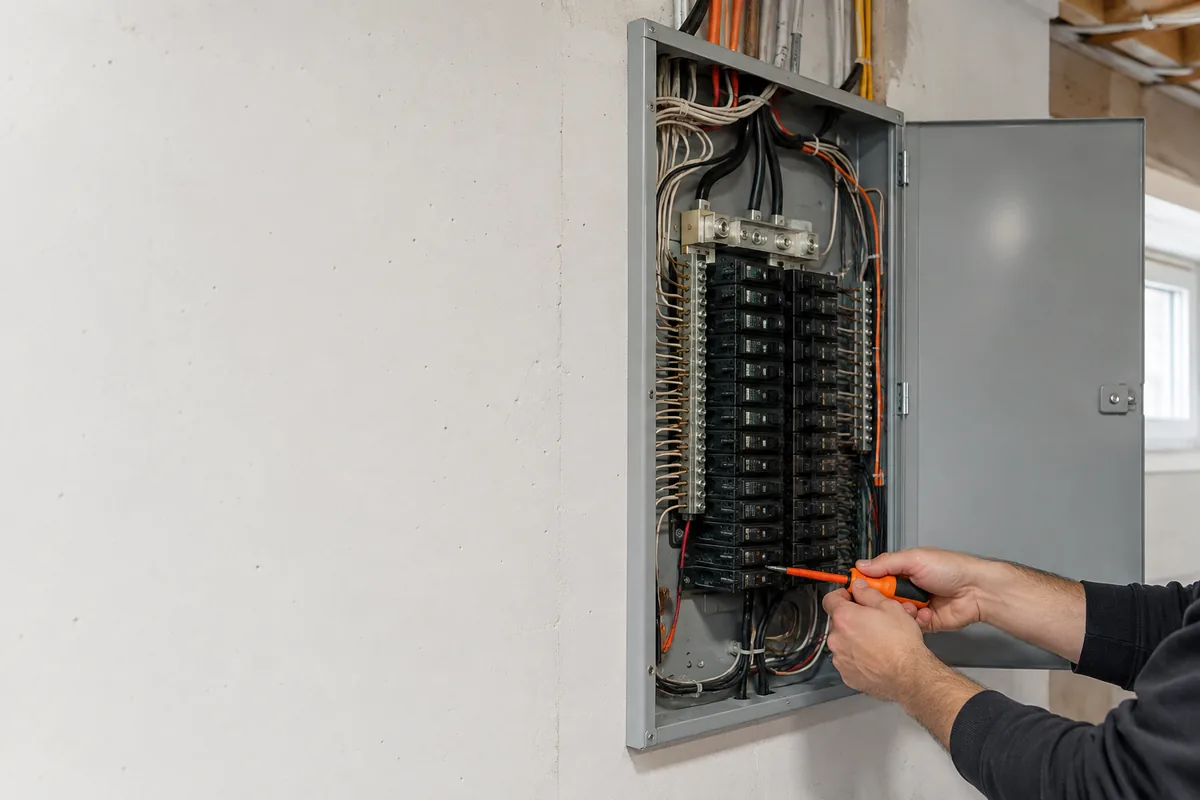 An open residential electrical panel with tidy colour-coded wiring, hands working with an insulated screwdriver.