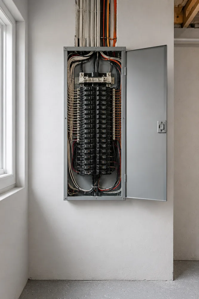 A modern residential electrical panel with breakers in neat rows.