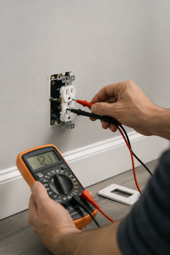 A hand holding a multimeter with probes on the terminals of a wall outlet.