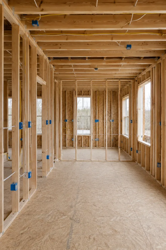 A new build room at rough-in stage with outlet boxes and cable threaded through bare studs.