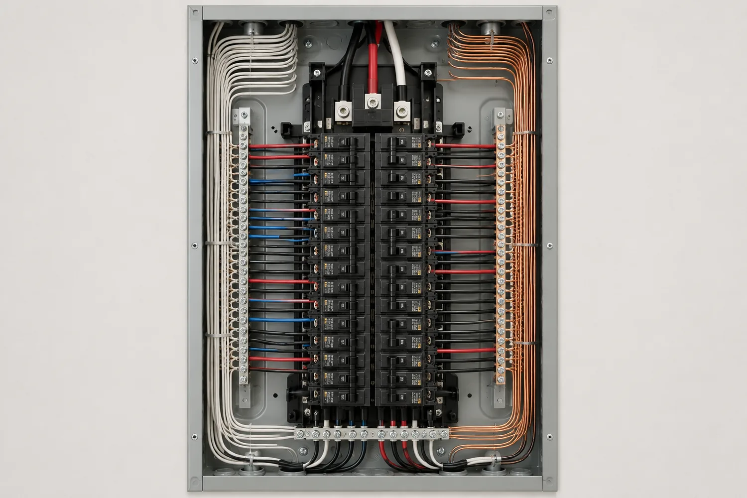 A residential electrical panel photographed square on, every conductor dressed into parallel runs.