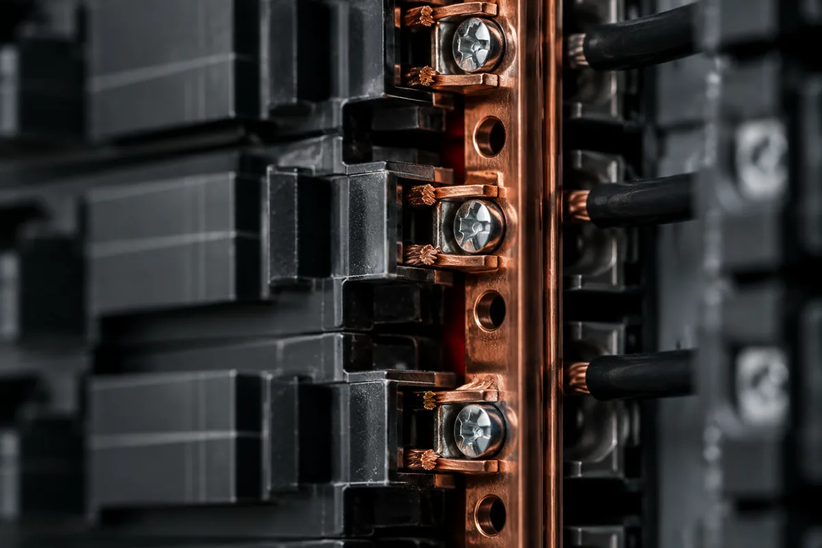 Macro view of the copper busbar and breaker terminals inside the panel.