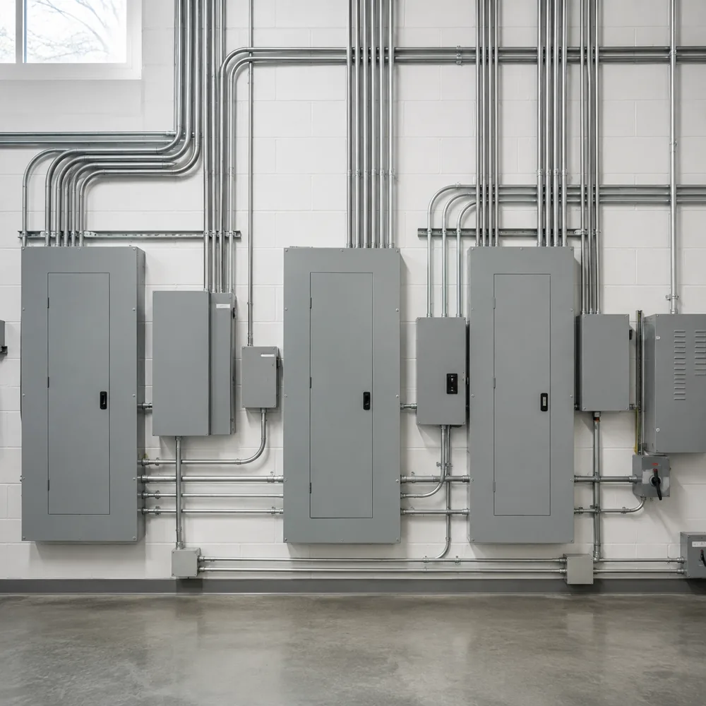 A wall of grey distribution panels and clipped conduit in a clean service room.