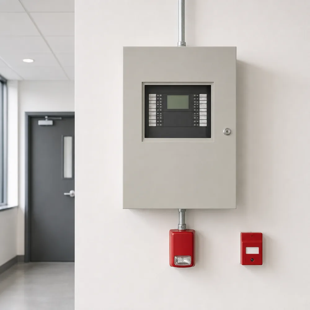 A commercial fire alarm control panel mounted on a corridor wall.