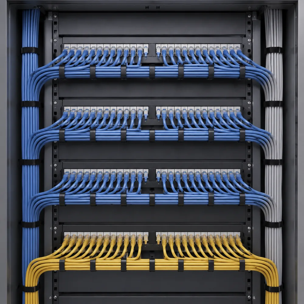 A structured cabling patch panel with leads dressed into tidy parallel bundles.