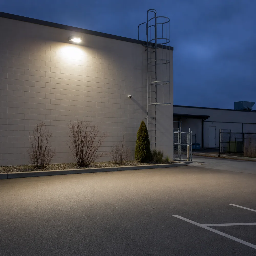 Wall mounted LED floodlighting over a tidy commercial service yard at dusk.