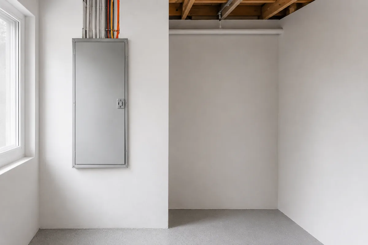The same panel with its door closed, the work finished and the floor swept.